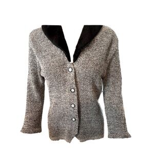 Casual Corner Button Down Cardigan Sweater with Faux Fur Collar Size M